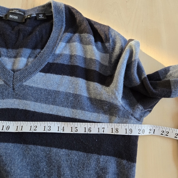 BOSS Lambswoool Striped V-Neck Sweater - Black, Gray, and Blue - Picture 9 of 15
